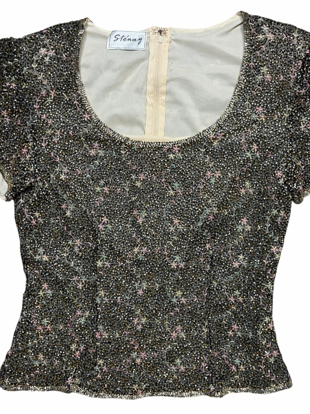 Vintage 80s Stenay Beaded Embroidered Short Sleeve Blouse Shirt Floral 100% silk